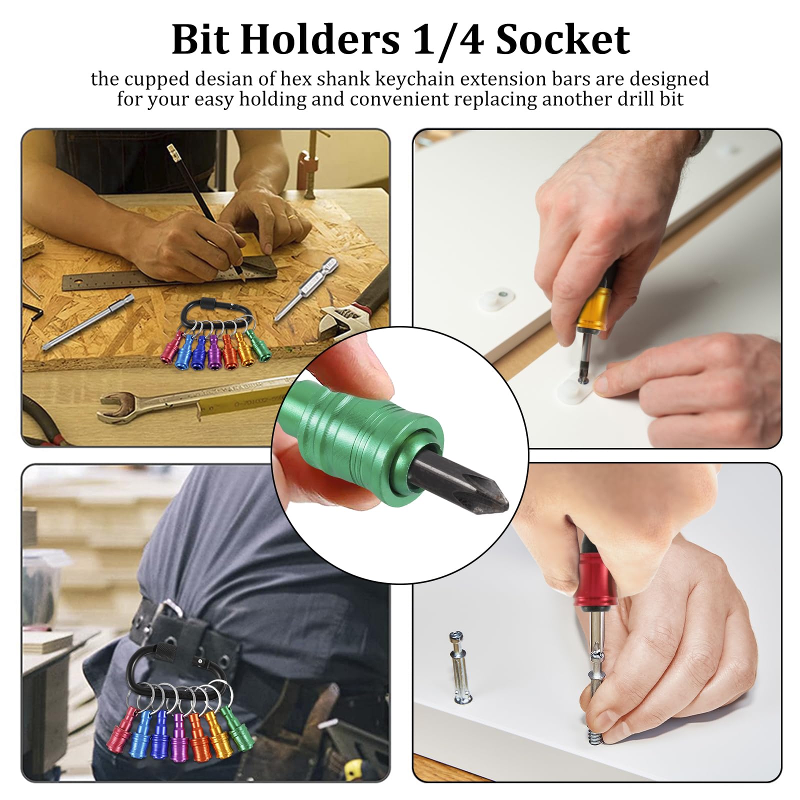 18Pcs Bit Holder Key Chain Carabiner Drill Bit Holder Keychain 1/4 inch Hex Shank Screwdriver Bit Holders Portable Aluminum Alloy Bits Holder for Impact Driver Drill Bits Quick Release Gifts for Men