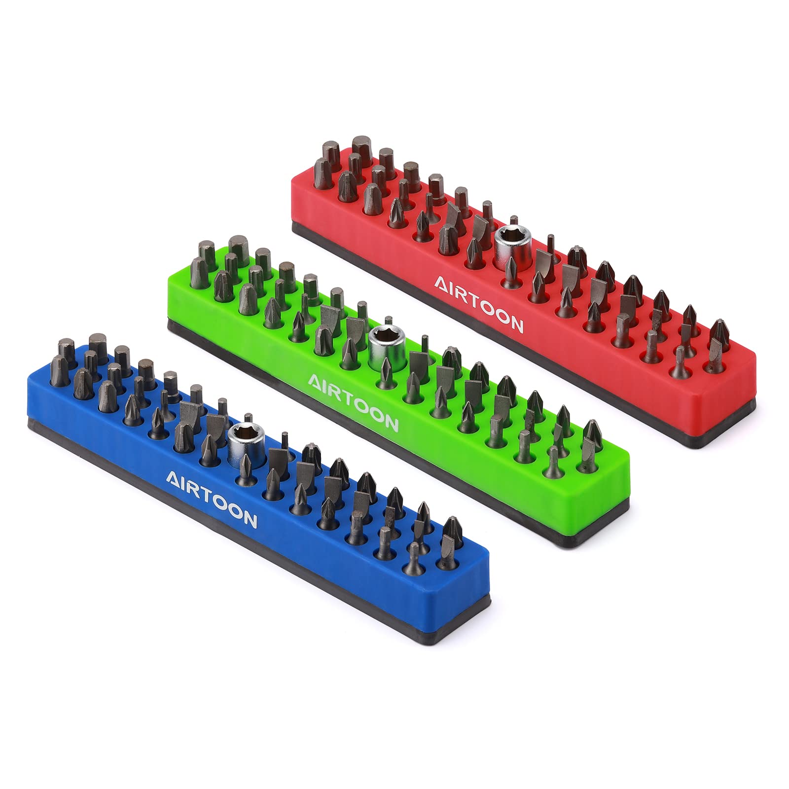 AIRTOON 4PCS 1/4" Magnetic Hex Bit Holder, 43 Holes Bit Storage with Strong Magnetic Base, Magnetic Screwdriver Bit Organizer, Red, Blue, Green and Orange