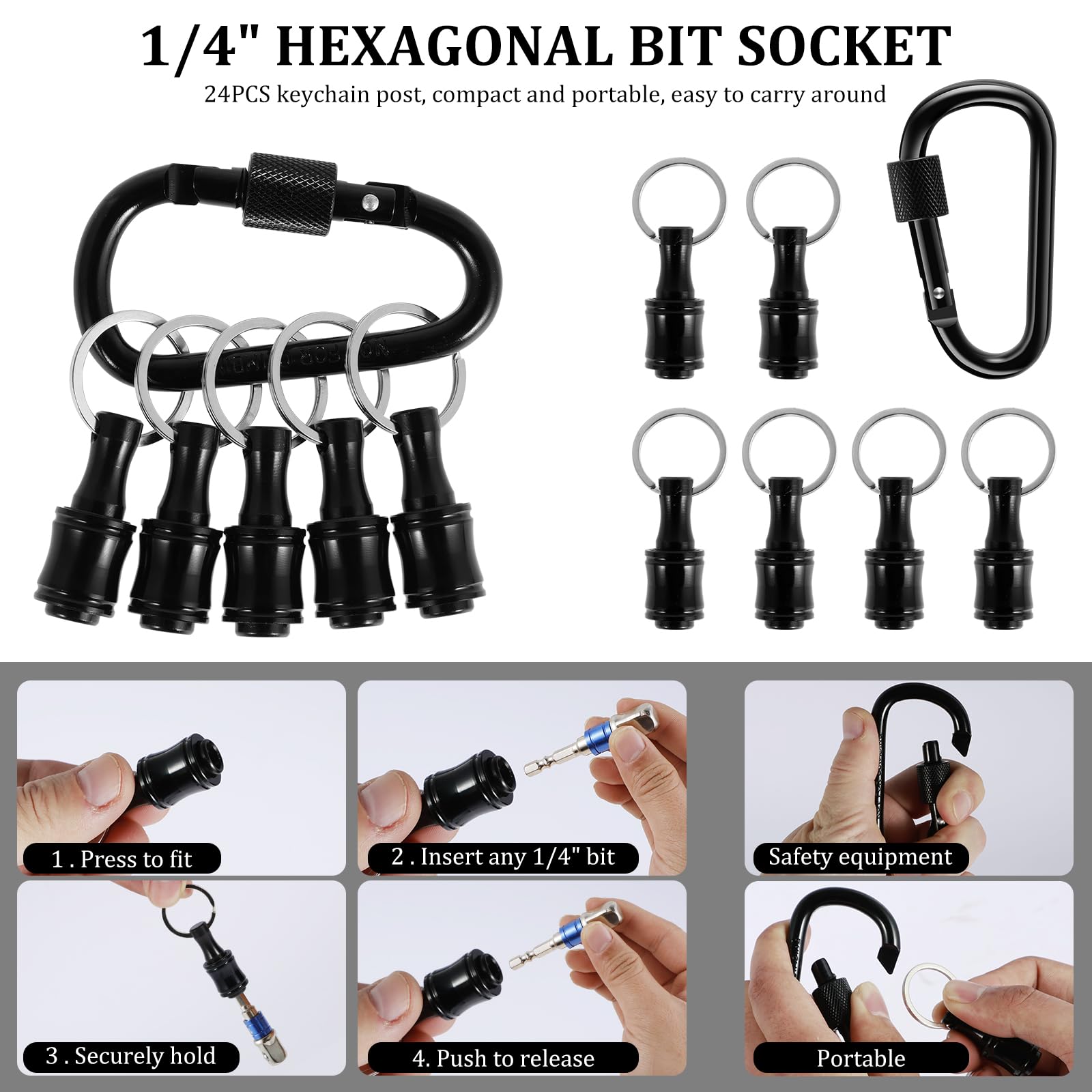 24Pcs Bit Holder Keychain 1/4inch Hex Shaft Screwdriver Bit Holder Portable Extension Bar Keychain Screw Adapter Aluminum Alloy Drill Extension Bit Holder with 4 Carabiner for Screw Driver