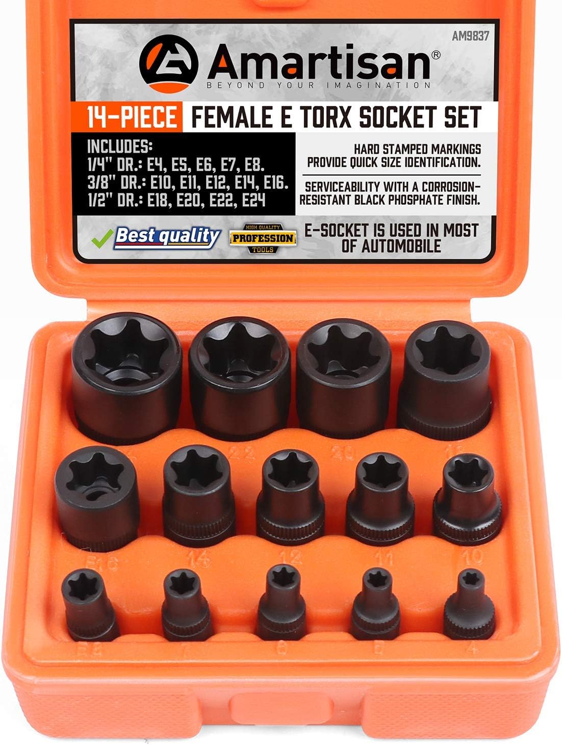 Amartisan 14 Pc Female E-Torx Star Socket Set/Rail, 1/4" 3/8" 1/2" Drive, E24 External Torque Socket Set