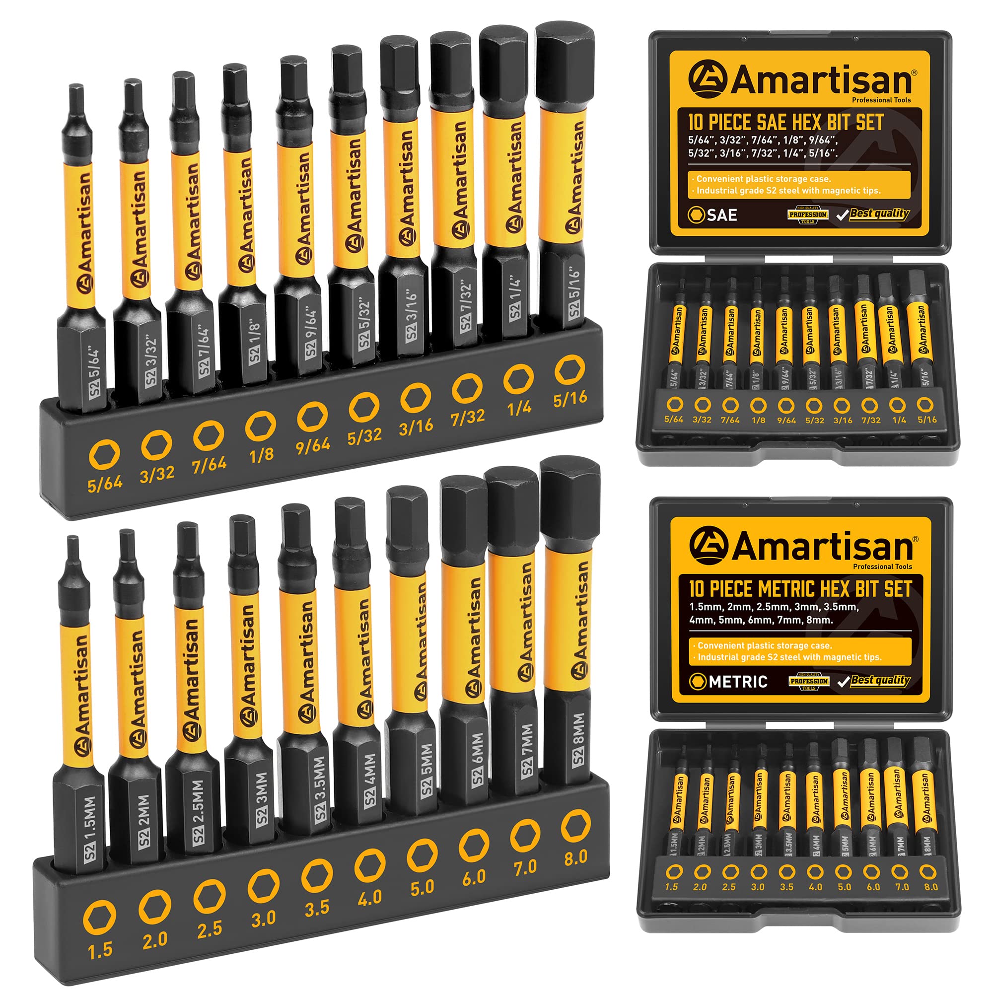Amartisan 20-Piece Hex Head Allen Wrench Drill Bit Set, Metric and SAE S2 Steel Hex Bits Set, Magnetic Tips, 2.3" Long With Storage box. (20-Piece Hex Bit Set - NEW)