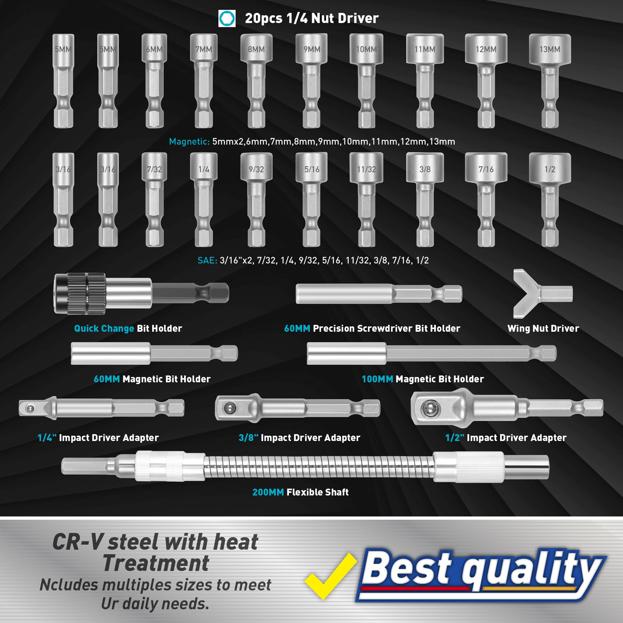 Amartisan 20-Piece Hex Head Allen Wrench Drill Bit Set, Metric and SAE S2 Steel Hex Bits Set, Magnetic Tips, 2.3" Long With Storage box. (20-Piece Hex Bit Set - NEW)