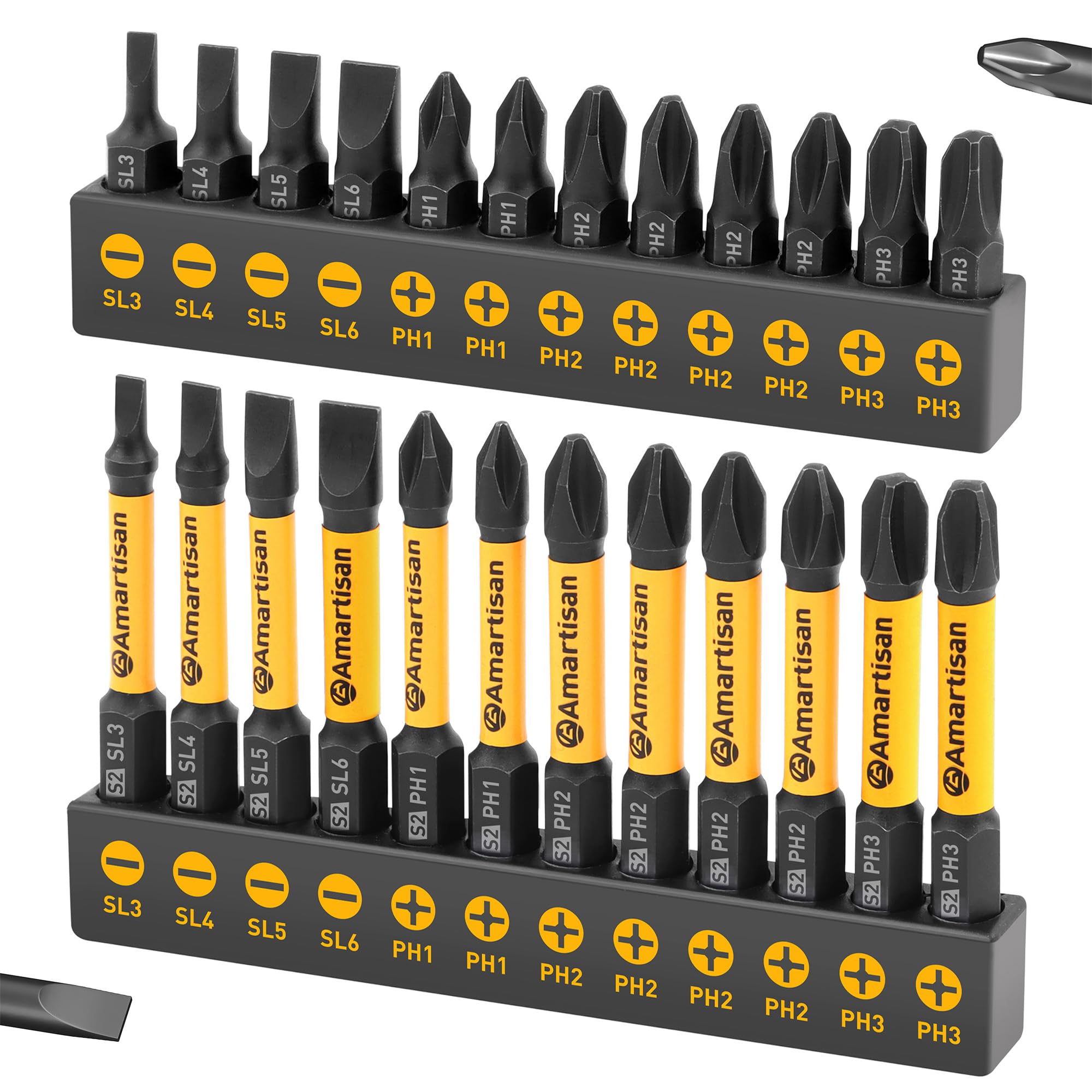Amartisan 20-Piece Hex Head Allen Wrench Drill Bit Set, Metric and SAE S2 Steel Hex Bits Set, Magnetic Tips, 2.3" Long With Storage box. (20-Piece Hex Bit Set - NEW)