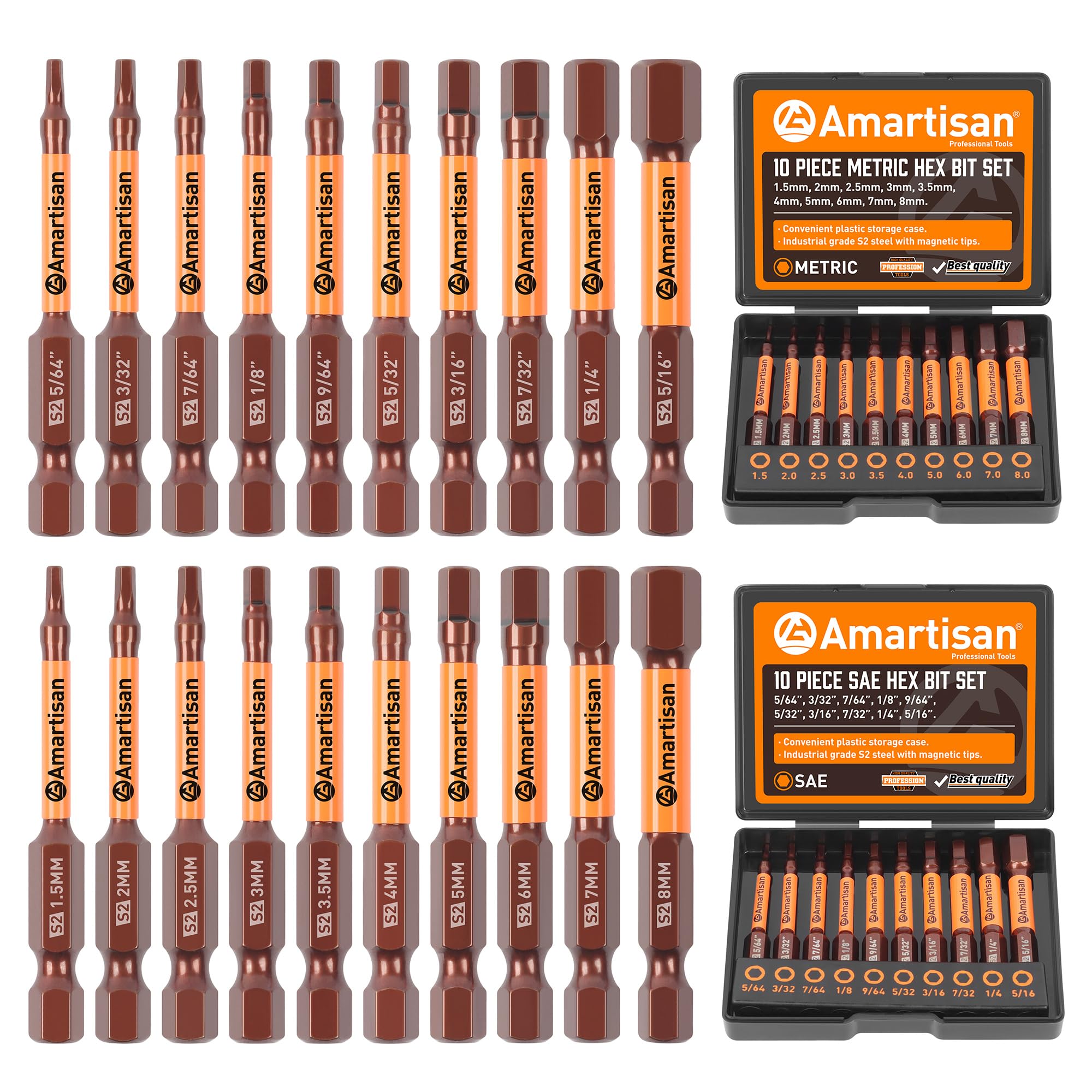 Amartisan 20-Piece Hex Head Allen Wrench Drill Bit Set, Metric and SAE S2 Steel Hex Bits Set, Magnetic Tips, 2.3" Long With Storage box. (20-Piece Hex Bit Set - NEW)